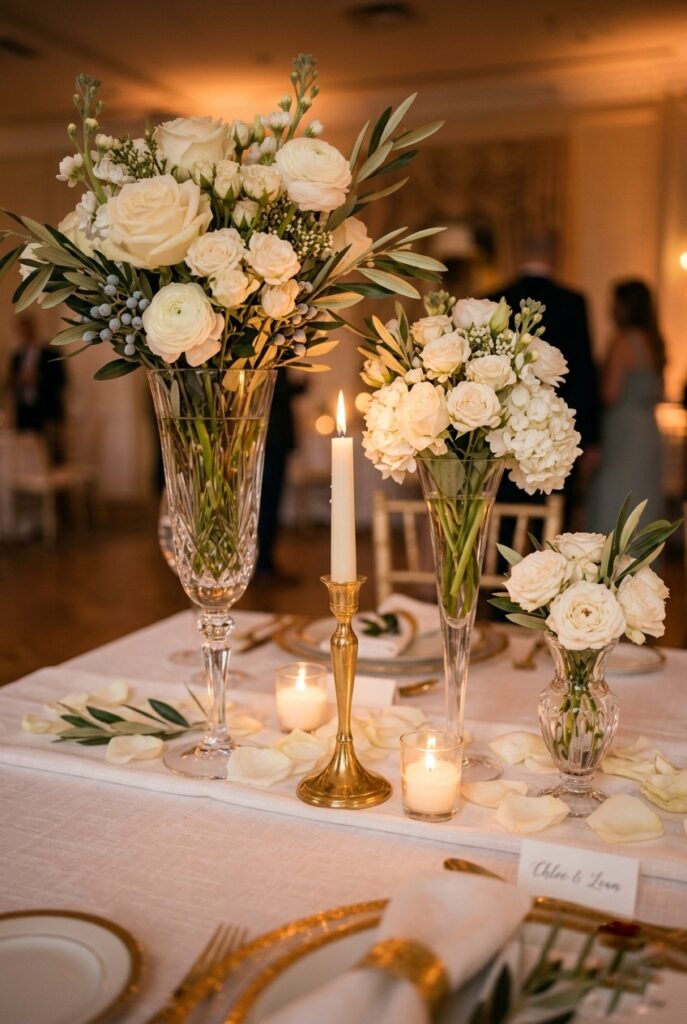 Three vases at varying heights with flowers and candlelight, portrait 2:3
