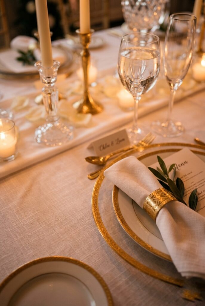  Close-up of linen texture under candlelight with place setting, portrait 2:3