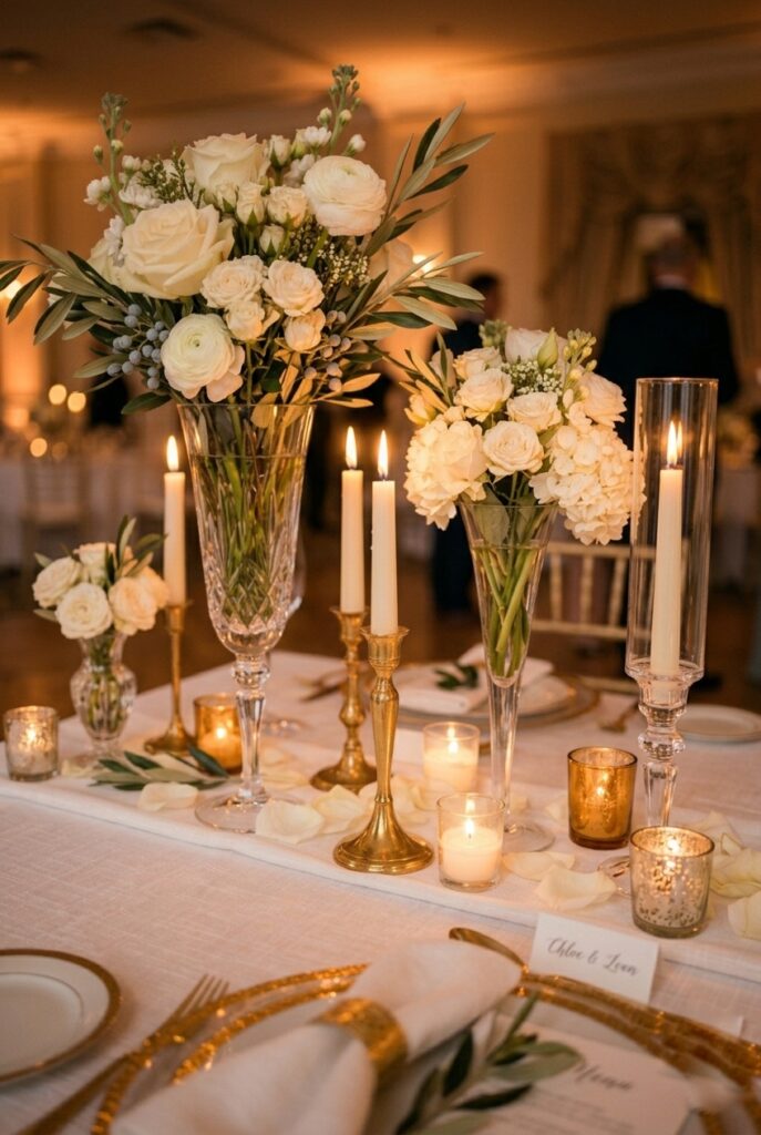 Three vases at varying heights with flowers and candlelight, portrait 2:3