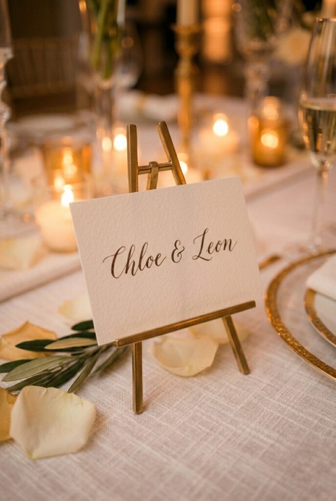 Brass easel with hand-calligraphed place card detail shot, portrait 2:3