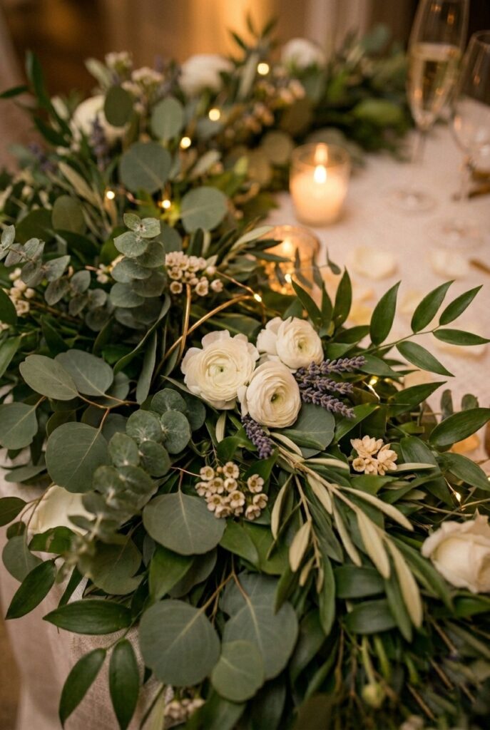 Textured greenery arrangement (eucalyptus, ruscus) detail, portrait 2:3