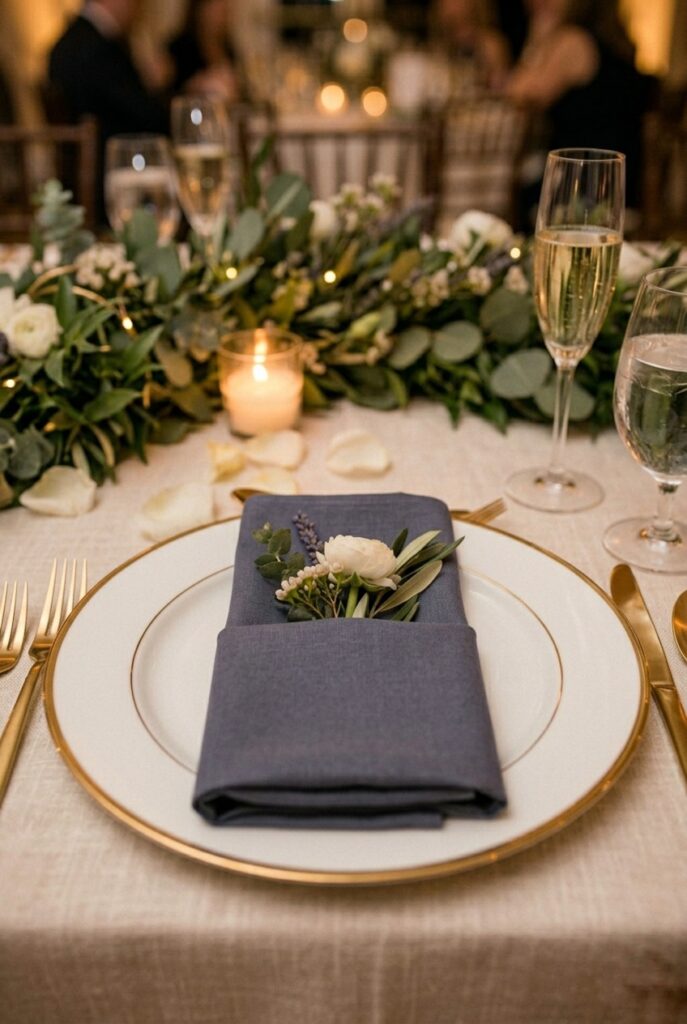 Folded linen napkin in contrasting color on place setting, portrait 2:3
