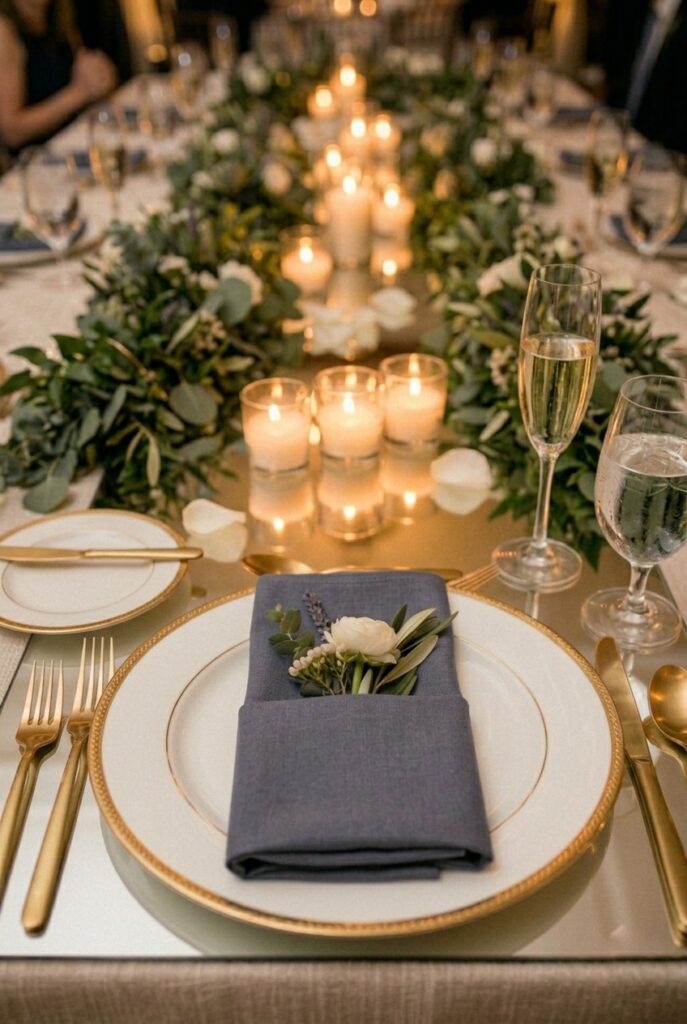 Full table setting showing three-color restraint, portrait 2:3