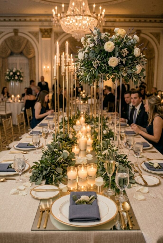 Long head table with tall centerpieces and sight lines, portrait 2:3