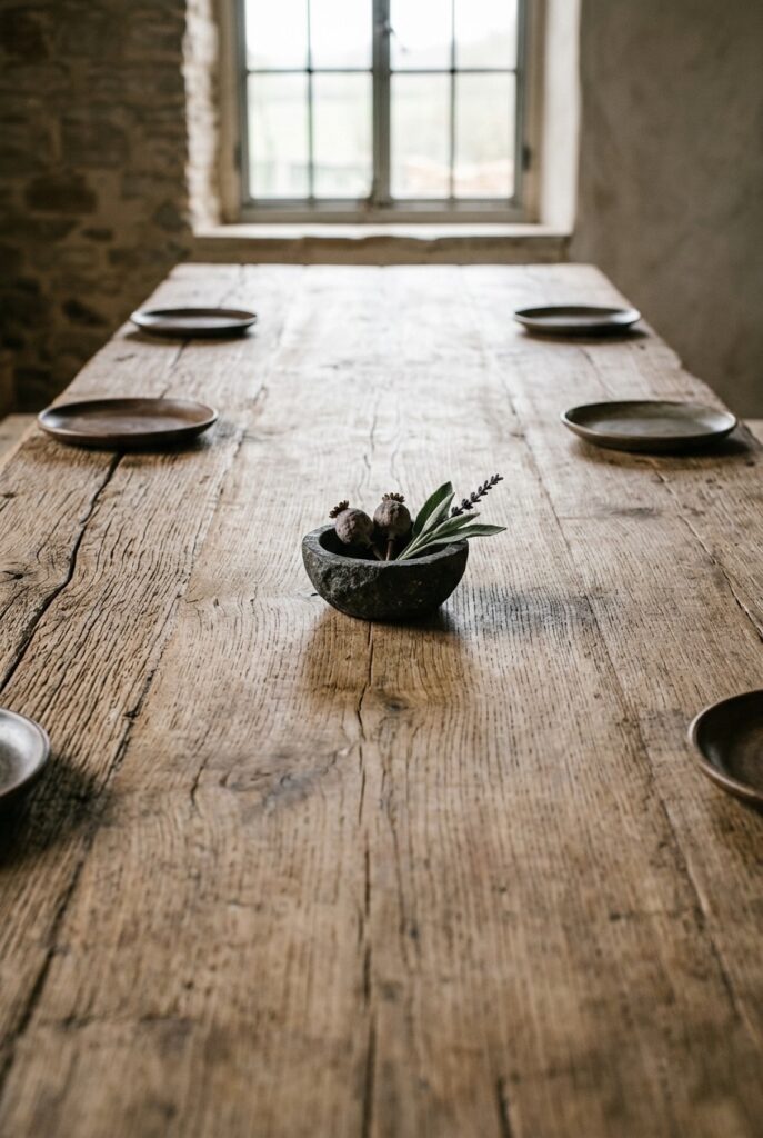 Wide table shot showing intentional empty space around minimal centerpiece, portrait 2:3
