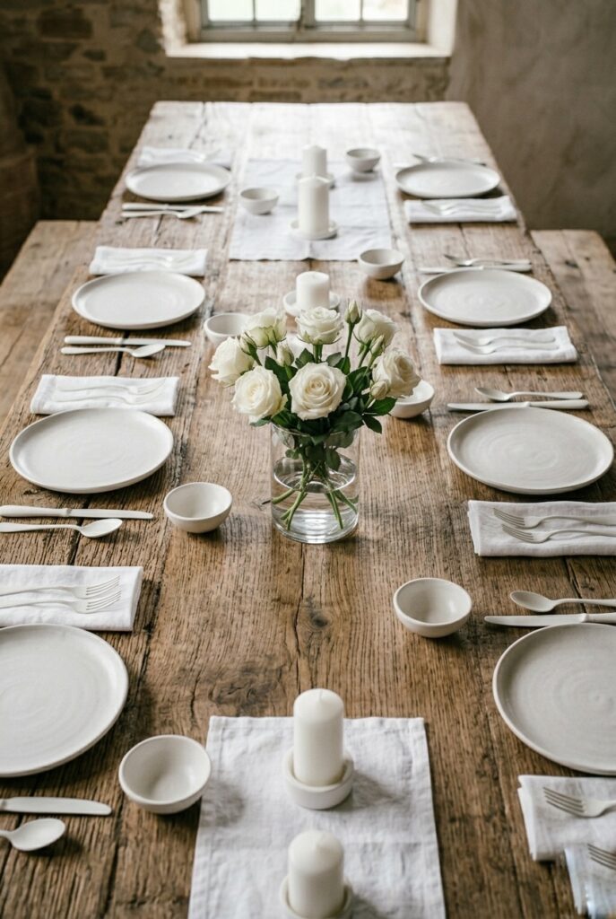 All-white monochromatic table setting from above, portrait 2:3