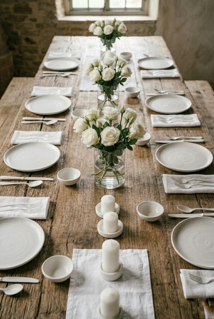 Long head table with candles and centerpieces spaced 2-3 feet apart, portrait 2:3