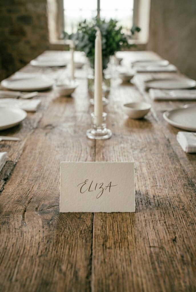 Handwritten place card on blank cardstock, minimalist styling, portrait 2:3