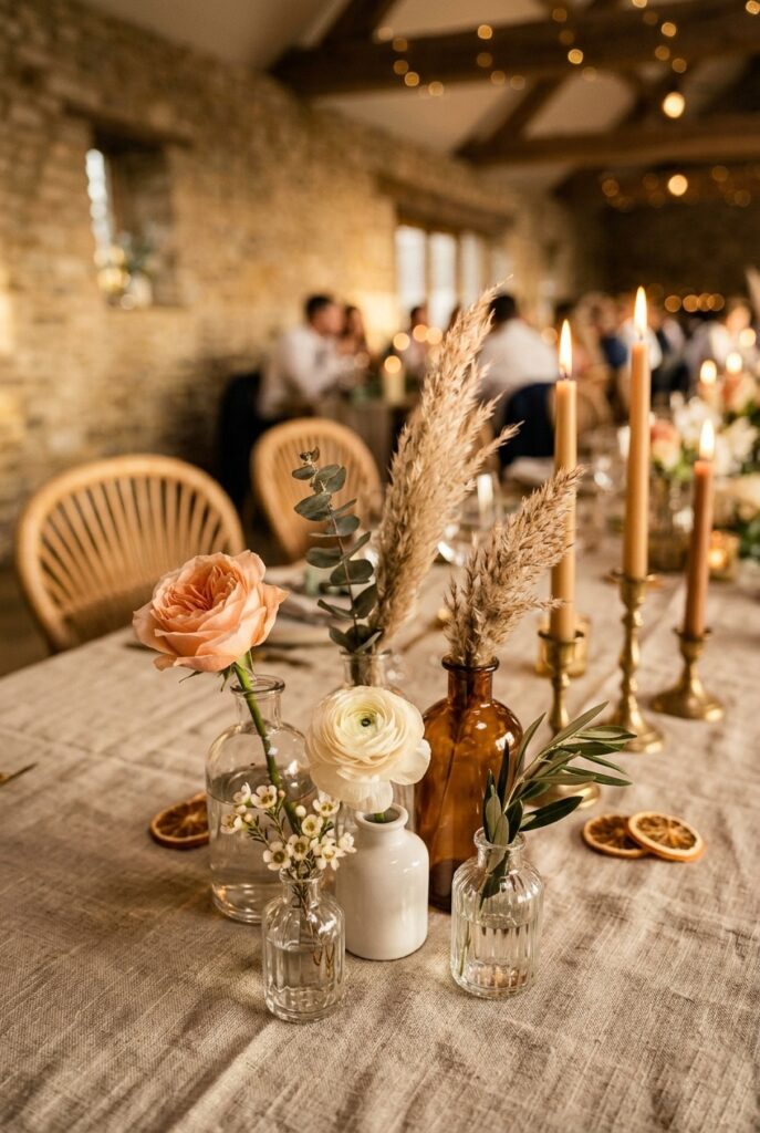 IMAGE 1 HERE Alt text: DIY wedding table centerpiece with mixed-height bud vases holding garden roses, ranunculus, and eucalyptus sprigs on linen tablecloth Image prompt: Photorealistic portrait shot of a DIY wedding table centerpiece featuring five to seven mismatched bud vases of varying heights — clear glass, amber glass, and small ceramic vessels — each holding a single stem or small bunch: garden roses in blush, dried eucalyptus sprigs, a ranunculus in ivory, a sprig of dried pampas grass, and small white wax flowers, clustered tightly together on a natural linen tablecloth, warm romantic candlelit atmosphere with taper candles visible in soft background bokeh, intimate and editorial aesthetic. Generate in vertical portrait orientation, 2:3 aspect ratio, optimized for mobile display.