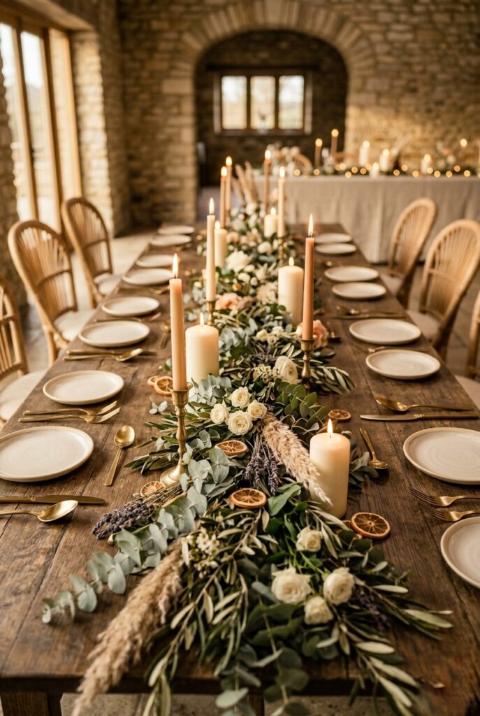 IMAGE 2 HERE Alt text: DIY eucalyptus and garden rose table runner laid flat on wood table for wedding reception with candles and place settings Image prompt: portrait shot of a lush DIY greenery table runner stretching down a wooden banquet table — made from loose stems of silver dollar eucalyptus, Italian ruscus, and dried olive branches laid directly on the table surface without a vase or liner, interspersed with small white spray roses and scattered dried lavender sprigs, pillar candles in varying heights placed within the greenery, cream ceramic side plates and gold flatware at each place setting, soft natural window light casting gentle shadows, organic and abundant aesthetic. Generate in vertical portrait orientation, 2:3 aspect ratio, optimized for mobile display.