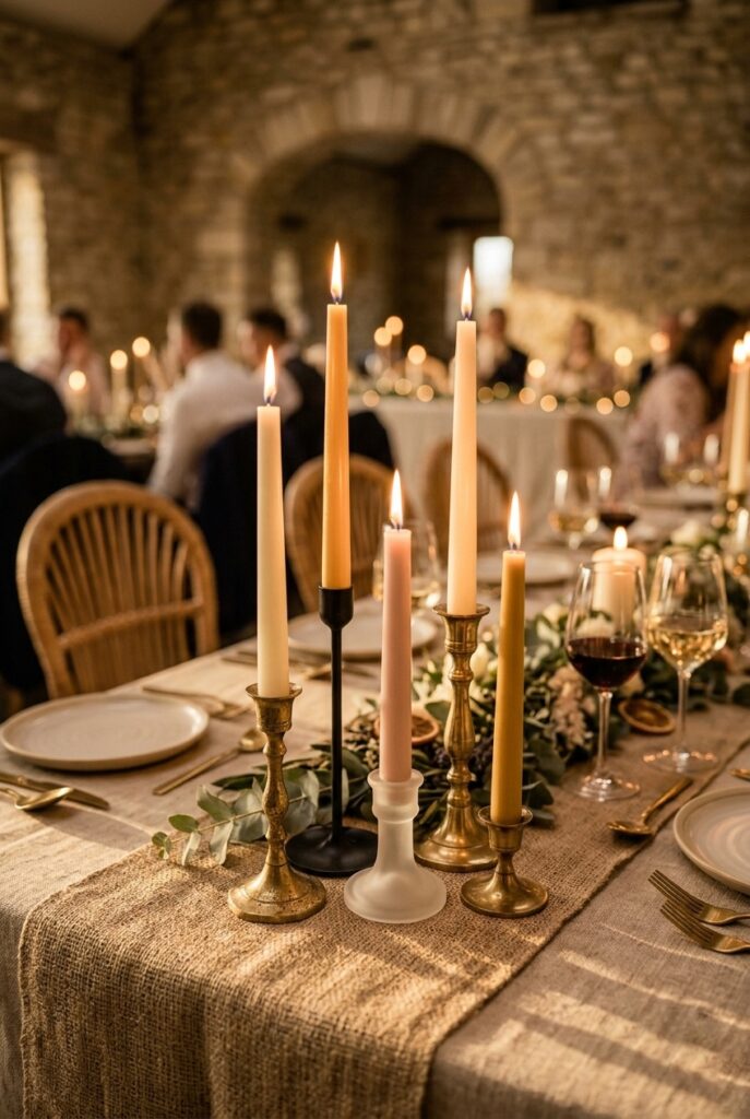 IMAGE 3 HERE Alt text: DIY taper candles in mixed candlestick holders of varying heights on wedding reception table with warm candlelight glow Image prompt: Photorealistic portrait shot of five taper candles of varying heights — ivory, beeswax gold, and blush — standing in mismatched candlestick holders ranging from three inches to fourteen inches tall, including brass, matte black, and frosted glass holders, arranged in an asymmetric cluster on a linen-covered table, warm romantic candlelit atmosphere with flame light casting golden tones on the linen and surrounding place settings, soft background with wine glasses catching candlelight, no overhead artificial lighting visible. Generate in vertical portrait orientation, 2:3 aspect ratio, optimized for mobile display.