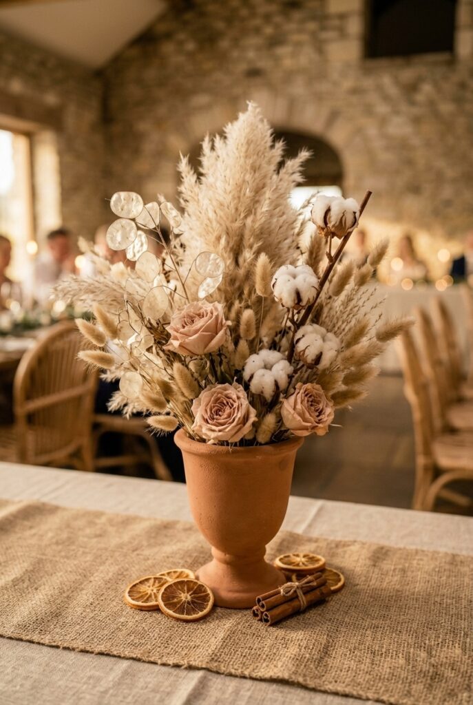 IMAGE 4 HERE Alt text: DIY dried flower wedding centerpiece with pampas grass, dried roses, lunaria, and cotton stems in terracotta vase Image prompt: Photorealistic portrait shot of a rustic DIY dried flower wedding centerpiece in a matte terracotta urn-shaped vase — featuring full pampas grass plumes, dried blush roses, silver lunaria pods, cotton stems, and dried bunny tail grass arranged in a generous, slightly wild bouquet shape, placed on a natural linen tablecloth with dried orange slices and a small cluster of cinnamon sticks around the base, soft natural window light from the left, warm and textural aesthetic with neutral tones. Generate in vertical portrait orientation, 2:3 aspect ratio, optimized for mobile display.