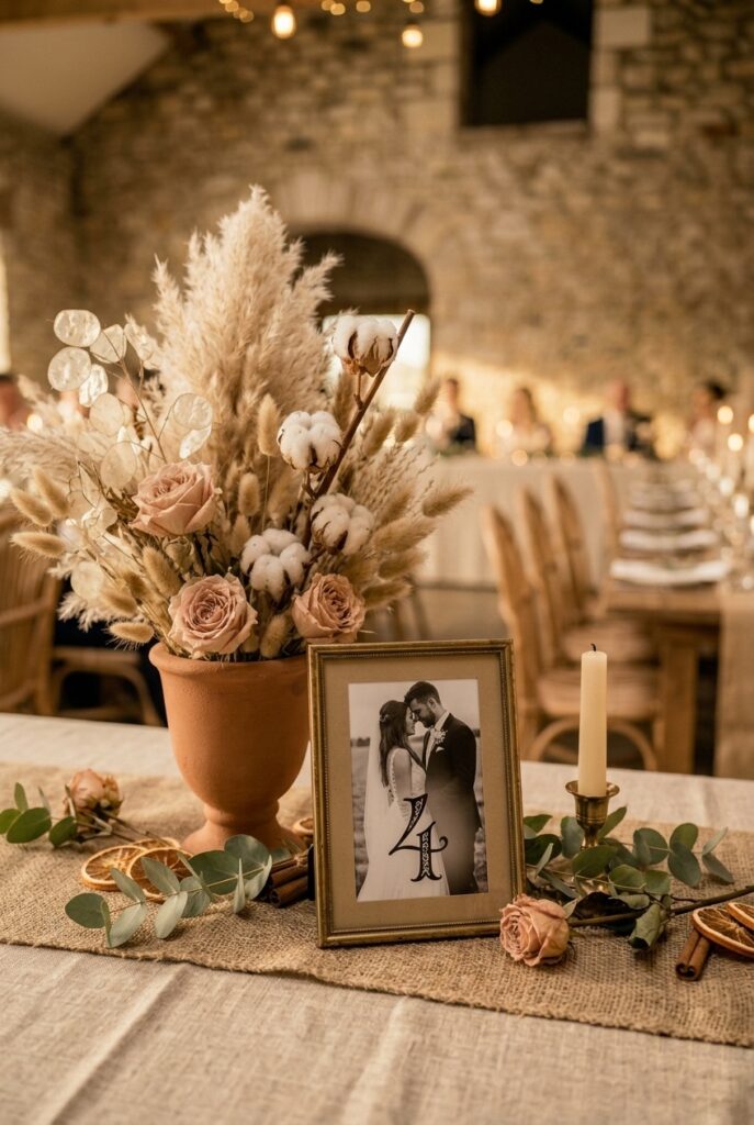 IMAGE 5 HERE Alt text: DIY wedding table number with couple photo displayed in small brass frame on linen tablecloth alongside candles and greenery Image prompt: Photorealistic portrait shot of a DIY wedding table number display featuring a small vintage brass frame (4x6 inches) with a printed black and white couple photo and hand-lettered number overlay on card stock beside it, set on a linen tablecloth surrounded by a loose cluster of eucalyptus sprigs, a short taper candle, and one dried rose stem, warm romantic candlelit atmosphere with shallow depth of field blurring the background place settings, intimate and personal aesthetic. Generate in vertical portrait orientation, 2:3 aspect ratio, optimized for mobile display.