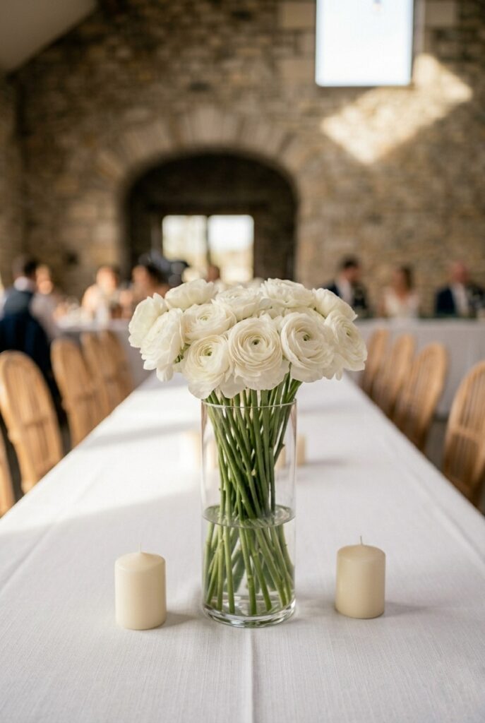 IMAGE 6 HERE Alt text: DIY wedding centerpiece with single variety white ranunculus stems in clear glass cylinder vase on white linen tablecloth Image prompt: Photorealistic portrait shot of a minimalist DIY wedding centerpiece featuring a generous bunch of white ranunculus tightly arranged in a clear glass cylinder vase ten inches tall, stems visible through the glass and cut to uniform length, vase sitting directly on crisp white linen tablecloth, two low ivory pillar candles flanking the vase, soft natural window light from above and to the right creating clean shadow on the linen, editorial and modern aesthetic with extreme visual simplicity. Generate in vertical portrait orientation, 2:3 aspect ratio, optimized for mobile display.