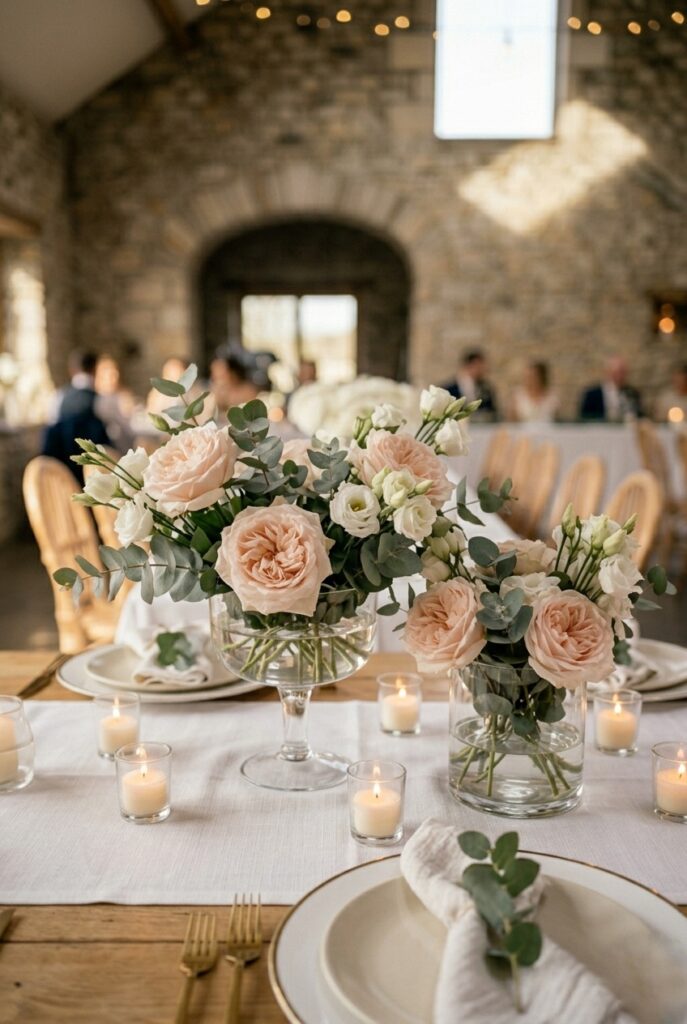 IMAGE 7 HERE Alt text: DIY wedding centerpiece using restaurant supply store glass vessels — short cylindrical vases and footed compote bowls — filled with garden roses and eucalyptus Image prompt: Photorealistic portrait shot of a DIY wedding centerpiece featuring two heavy-duty glass vessels sourced from a restaurant supply store — one short wide cylinder and one footed glass compote bowl — both filled with blush garden roses, eucalyptus, and a few stems of white lisianthus, arranged on a round table with white linen and gold charger plates, warm romantic candlelit atmosphere with votives surrounding the arrangement, editorial and upscale aesthetic despite minimal cost. Generate in vertical portrait orientation, 2:3 aspect ratio, optimized for mobile display.