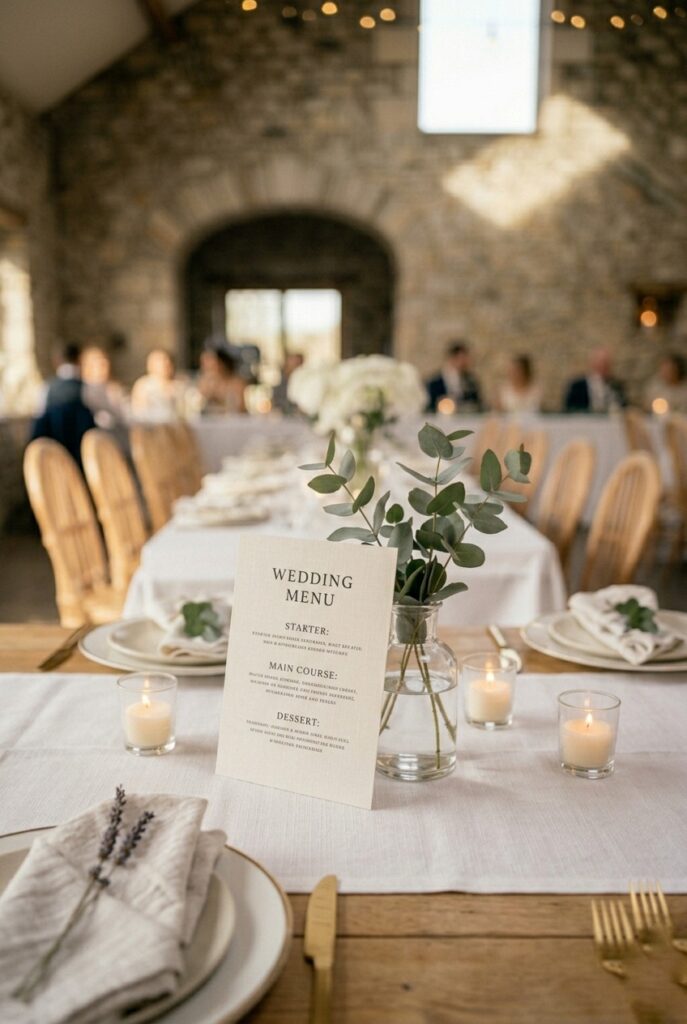 IMAGE 8 HERE Alt text: DIY printed wedding menu cards in linen-texture paper propped against small bud vase on wedding table with greenery Image prompt: Photorealistic portrait shot of a DIY wedding menu card printed on thick cream linen-textured cardstock with black serif lettering, propped at a slight angle against a small clear glass bud vase with eucalyptus sprigs, set on a round table with a white linen tablecloth, gold flatware and a folded linen napkin with a dried lavender sprig tucked in beside the menu, soft natural window light creating a clean documentary aesthetic, elegant and minimal. Generate in vertical portrait orientation, 2:3 aspect ratio, optimized for mobile display.