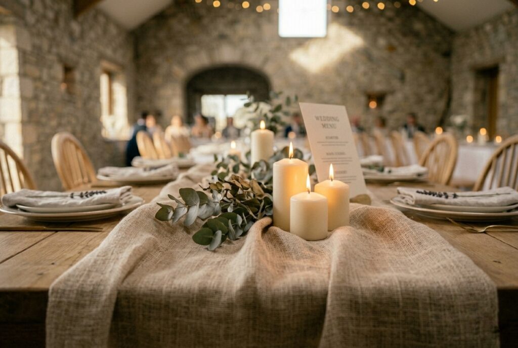 IMAGE 9 HERE Alt text: Natural linen fabric table runner on long banquet table at wedding reception with candles and floral centerpieces Image prompt: Photorealistic portrait shot of a natural undyed linen table runner laid down the center of a long wooden banquet table, slightly rumpled in an intentional way, flanked by a cluster of dried eucalyptus and three ivory pillar candles of varying heights, two pillar candles lit with warm flame light visible, place settings with cream ceramic plates and brass flatware on either side of the runner, warm romantic candlelit atmosphere casting golden light across the linen texture, the fabric's weave clearly visible and luxurious-looking.