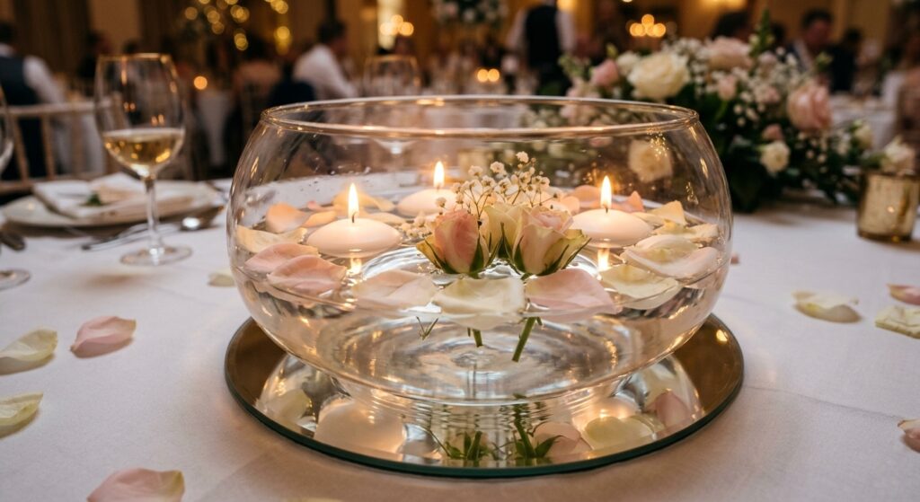 IMAGE 10 HERE Alt text: DIY floating candle centerpiece in glass bowl with flower petals and rose buds on water surface for wedding table Image prompt: Photorealistic portrait shot of a wide low glass bowl approximately twelve inches in diameter filled with clear water, three white floating disc candles lit with small flames, fresh rose petals in blush and ivory floating on the water surface, three small rosebuds and a few sprigs of baby's breath also floating, the bowl sitting on a mirrored round tile on a white linen tablecloth, warm romantic candlelit atmosphere with flame reflections visible on the water surface, looking slightly downward at a 30-degree angle, lush and intimate aesthetic.