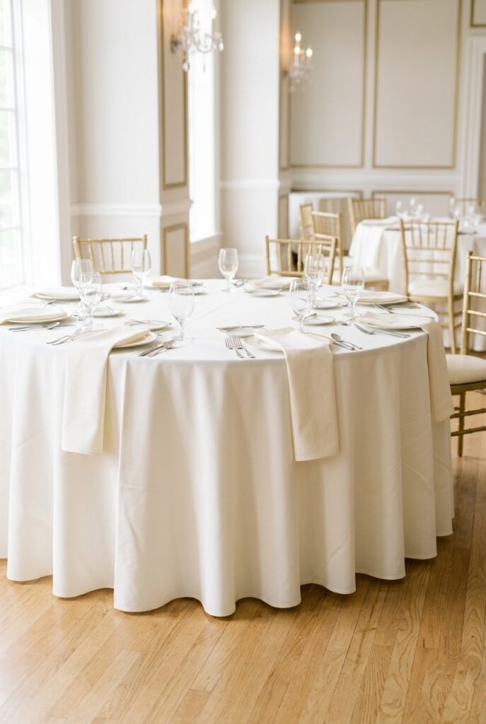IMAGE 1 HERE Alt text: Round wedding table with 108-inch ivory tablecloth showing a clean 24-inch formal drop to the floor, elegant and tailored look Image prompt: Photorealistic side-angle view of a 60-inch round wedding reception table with a crisp ivory 108-inch round tablecloth showing a clean 24-inch formal drop to just above the floor. No centerpiece yet — the focus is on the pristine, tailored linen. Soft natural window light from the left side. Venue is a bright, airy ballroom with light wood floors. Editorial wedding photography quality. Generate in vertical portrait orientation, 2:3 aspect ratio, optimized for mobile display.