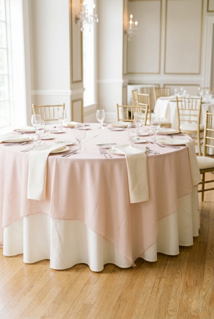 IMAGE 2 HERE Alt text: Round wedding table with layered linens — ivory base cloth and blush chiffon overlay creating a two-tone elegant effect Image prompt: Photorealistic close-up and mid-distance view of a 60-inch round wedding table styled with a white floor-length base linen and a blush chiffon overlay dropping 18 inches from center. The chiffon catches soft natural window light and creates subtle folds. No centerpiece in frame — the focus is entirely on the linen layering effect and how the fabrics interact. Warm, bright airy setting. Editorial quality. Generate in vertical portrait orientation, 2:3 aspect ratio, optimized for mobile display.