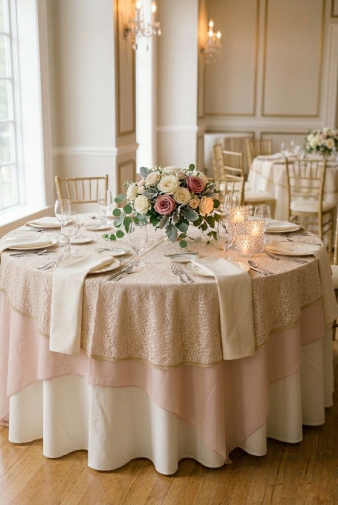 IMAGE 4 HERE Alt text: Off-center wedding centerpiece on round table with asymmetric floral arrangement balanced by clustered votive candles on opposite side Image prompt: Photorealistic editorial photograph of a 60-inch round wedding table viewed from a slight overhead angle. A lush low floral centerpiece of garden roses, dusty miller, and trailing eucalyptus sits slightly off-center toward one guest position. On the opposite side of the table at the rim, three grouped crystal votive candles create a balancing cluster. White linen base, gold charger plates, crystal glassware, folded white napkins. Warm romantic candlelit atmosphere. Generate in vertical portrait orientation, 2:3 aspect ratio, optimized for mobile display.