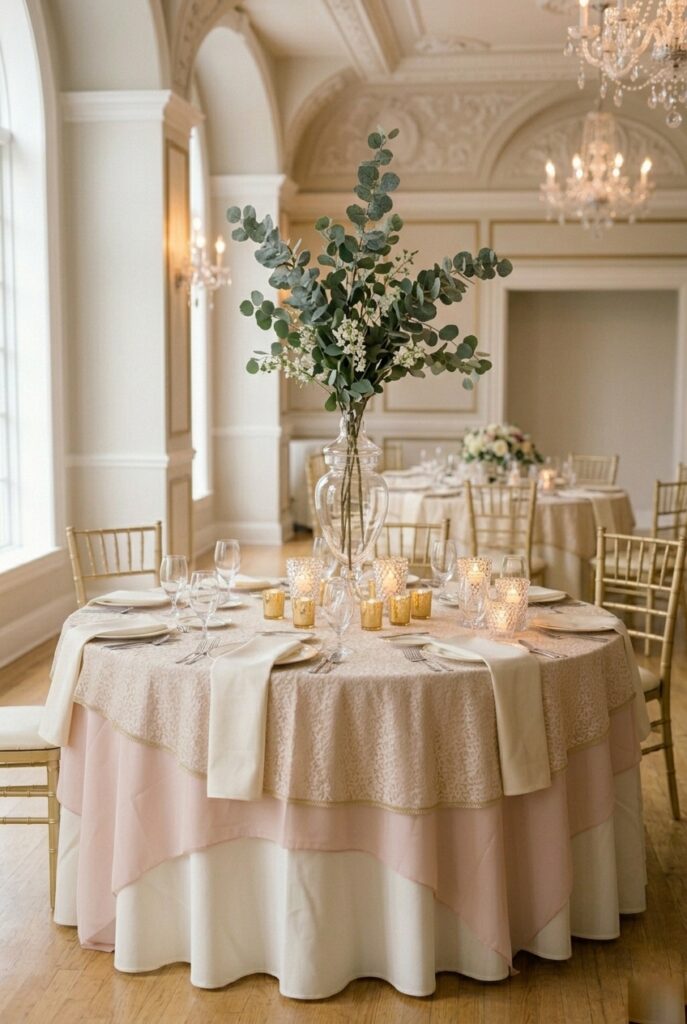 IMAGE 5 HERE Alt text: Tall wedding centerpiece on round table using eucalyptus branch in clear apothecary jar with votive candles at base in a ballroom venue Image prompt: Photorealistic photograph of a round 60-inch wedding table in a grand ballroom with high ceilings. Center of the table features a tall clear apothecary glass jar holding a single dramatic eucalyptus and white flowering branch reaching 30 inches. At the base, seven clustered gold votive candles glow in warm candlelight. White floor-length linen, gold charger plates, crystal glassware, ivory napkins. The high ballroom ceiling is visible in soft background bokeh. Generate in vertical portrait orientation, 2:3 aspect ratio, optimized for mobile display.