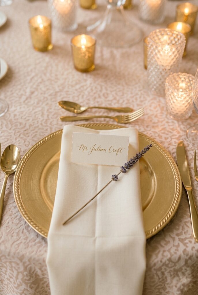 IMAGE 6 HERE Alt text: Elegant wedding place setting on round table with gold charger plate, folded ivory napkin, calligraphy place card, and dried lavender sprig Image prompt: Photorealistic extreme close-up of a single elegant wedding place setting on a white linen tablecloth. A gold metallic charger plate centered at the bottom. An ivory linen napkin folded into thirds sits on the charger. A calligraphy place card leans at a slight angle against the napkin fold. A single sprig of dried lavender lies diagonally across the napkin, tucked under the card. Gold flatware on either side. Soft romantic candlelit atmosphere warming the gold tones. Generate in vertical portrait orientation, 2:3 aspect ratio, optimized for mobile display.