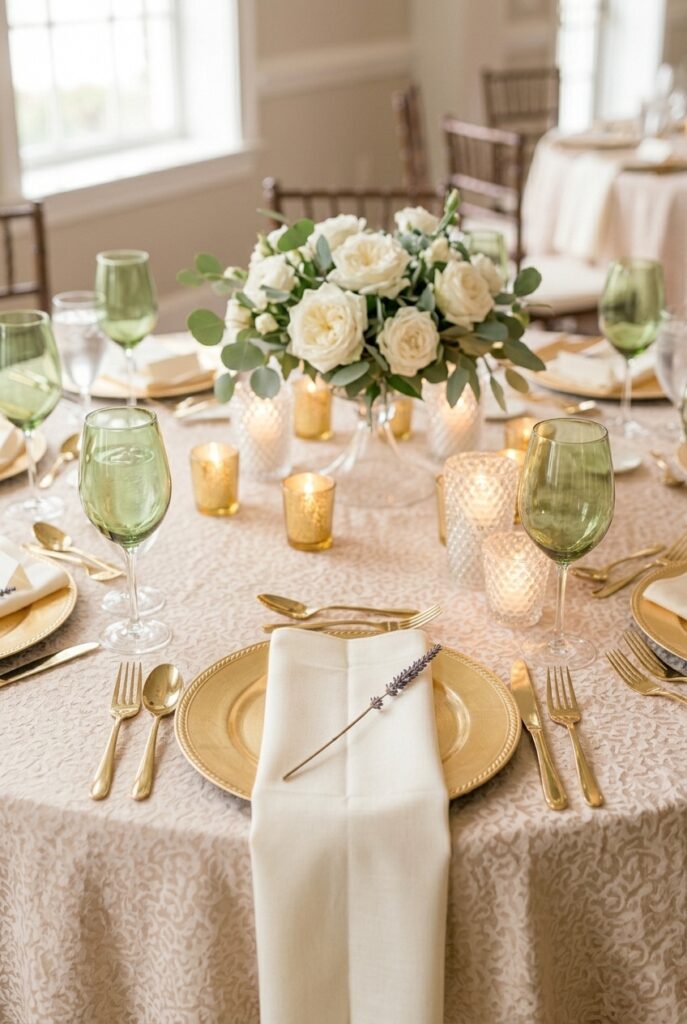 IMAGE 7 HERE Alt text: Round wedding table place setting with sage green tinted wine glasses against ivory linen and white flowers for a curated color effect Image prompt: Photorealistic editorial photograph of a round wedding table detail shot showing four place settings. Sage green tinted wine glasses stand tall beside clear water glasses. Ivory linen tablecloth, gold charger plates, white garden rose and eucalyptus centerpiece in background. Soft natural window light creating a bright, airy daytime quality. Green glass color is the single saturated element against the neutral palette. Generate in vertical portrait orientation, 2:3 aspect ratio, optimized for mobile display.