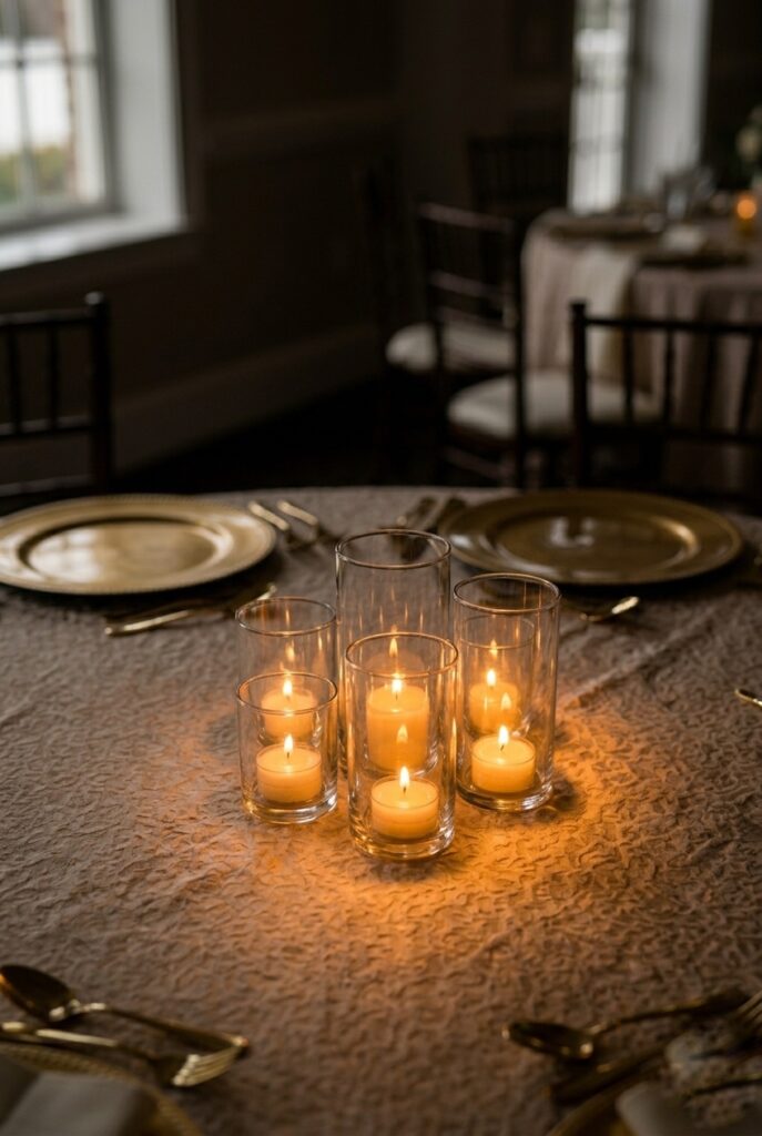IMAGE 8 HERE Alt text: Clustered votive candles in odd numbers at the rim of a round wedding table creating a warm glowing pool of light between place settings Image prompt: Photorealistic close-up of a round wedding table rim between two place settings. Five clear cylindrical glass votives in three varying heights — 2, 3, and 4 inches — clustered tightly together. Tea light candles inside each votive cast warm amber candlelit glow on the ivory linen. Gold charger plates visible in soft foreground bokeh. Dark, moody romantic evening atmosphere with warm golden light pooling on the table surface. Generate in vertical portrait orientation, 2:3 aspect ratio, optimized for mobile display.
