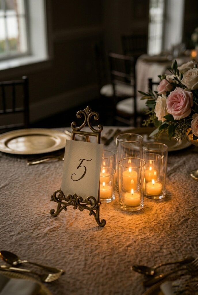 IMAGE 9 HERE Alt text: Brass metal table number stand with number 5 on an elegant round wedding table with linen and candles Image prompt: Photorealistic close-up of a small brass metal easel-style table number stand displaying number 5, sitting on a white linen tablecloth with a linen washed runner beneath it. Behind the stand, a small cluster of crystal votives and the edge of a garden rose centerpiece visible in soft bokeh. Warm romantic candlelit atmosphere. Rich gold tones of the brass against ivory linen. Generate in vertical portrait orientation, 2:3 aspect ratio, optimized for mobile display.