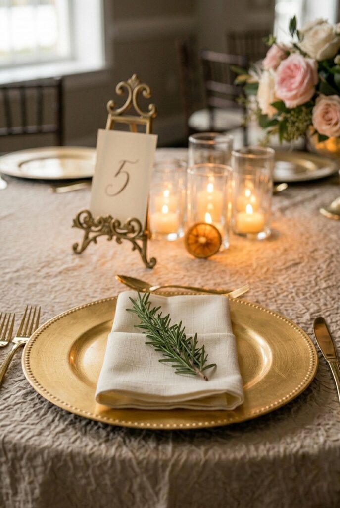 IMAGE 10 HERE Alt text: Wedding place setting detail with fresh rosemary sprig tucked under ivory linen napkin on gold charger plate for a sensory decor touch Image prompt: Photorealistic macro close-up of a single round wedding table place setting. An ivory linen napkin is folded in thirds on a gold charger plate. A fresh sprig of rosemary with dark green leaves is tucked under the napkin fold, its needle-like texture visible in crisp detail. A place card leans at an angle above it. A small dried orange slice sits near the votive cluster in the soft background. Soft natural daylight from above and to the left creating a bright fresh atmosphere. Generate in vertical portrait orientation, 2:3 aspect ratio, optimized for mobile display.