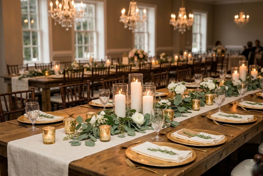 HERO IMAGE / FEATURED IMAGE Alt text: Elegant budget wedding reception table with linen runner, pillar candles, eucalyptus greenery, and mismatched gold votives on a long wooden farm table Image prompt: Photorealistic wide shot of a beautifully styled wedding reception table. A natural linen runner runs down the center of a long wooden farm table. Three varying-height white pillar candles in clear glass hurricanes anchor the center, surrounded by loose eucalyptus sprigs and small clusters of white ranunculus. Six antique gold votive candle holders are scattered asymmetrically. Two folded ivory linen napkins are visible at place settings. Warm romantic candlelit atmosphere with soft amber tones. No text overlays. Generate in horizontal landscape orientation, 3:2 aspect ratio, optimized for desktop display.