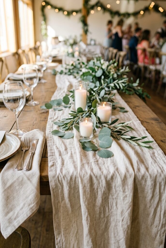 IMAGE 2 HERE Alt text: Heavyweight natural linen table runner on a wedding reception table with loose greenery sprigs and white candles Image prompt: Photorealistic portrait shot of a close-up wedding table styled with a thick natural linen runner in ivory-beige. The runner has soft texture and natural wrinkles consistent with washed linen. Loose sprigs of eucalyptus and two small white pillar candles rest on top. A folded cloth napkin in a matching ivory shade sits at the edge of the frame. Soft natural window light from the left side. No text overlays. Generate in vertical portrait orientation, 2:3 aspect ratio, optimized for mobile display.