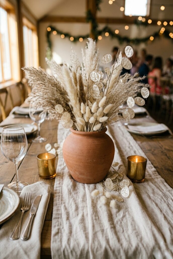 IMAGE 3 HERE Alt text: Dried pampas grass and lunaria stems in a terracotta vase on a wedding reception table with candlelight Image prompt: Photorealistic portrait shot of a wedding table centerpiece featuring a wide terracotta vase filled with a generous arrangement of dried pampas grass plumes, dried silver lunaria stems, and small bleached bunny tails. The vase sits on a natural linen runner with two brass votive candles on either side. The background is softly blurred to suggest a reception hall. Warm romantic candlelit atmosphere with amber glow. No text overlays. Generate in vertical portrait orientation, 2:3 aspect ratio, optimized for mobile display.