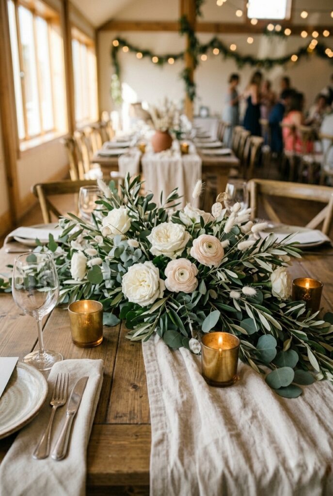 IMAGE 4 HERE Alt text: Lush floral arch panels repurposed as wedding reception table centerpieces in a romantic reception hall Image prompt: Photorealistic portrait shot of a wedding reception round table with a lush floral arrangement repurposed from a ceremony arch. The arrangement features white garden roses, eucalyptus, and soft blush ranunculus in a low, sprawling form placed directly on the table surface with no vase. Surrounding the arrangement are smaller votive candles. The background shows a softly lit reception hall with additional tables in the distance. Warm romantic candlelit atmosphere. No text overlays. Generate in vertical portrait orientation, 2:3 aspect ratio, optimized for mobile display.