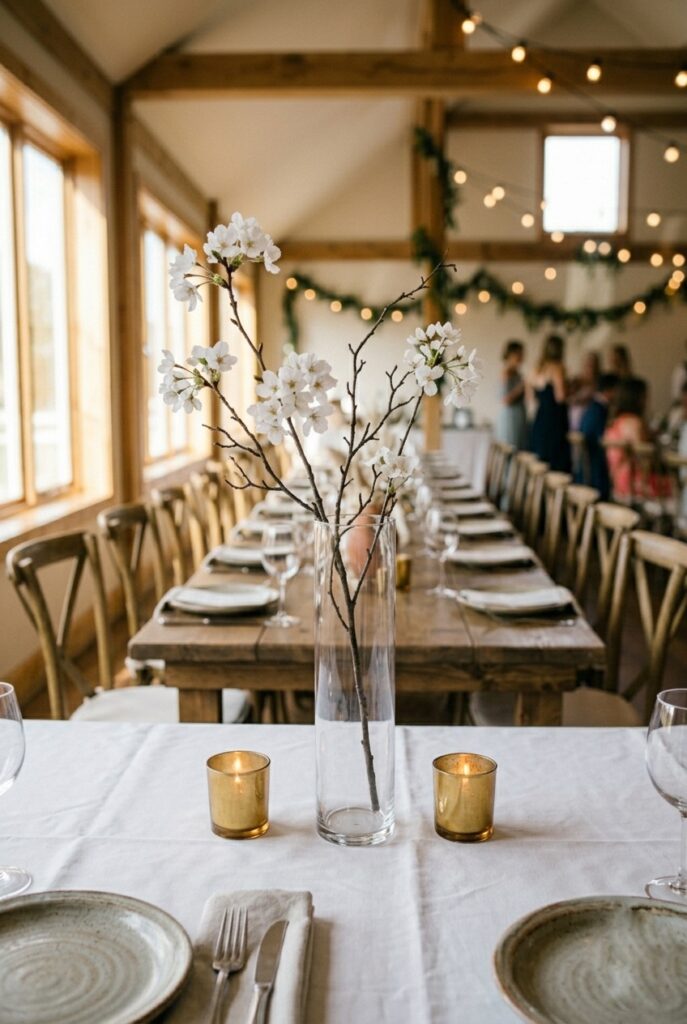 IMAGE 5 HERE Alt text: Single white cherry blossom branch in tall clear glass vase on wedding reception table with votives Image prompt: Photorealistic portrait shot of a minimalist wedding table decoration featuring a single slender clear glass cylinder vase holding one white cherry blossom branch with multiple delicate blooms and dark thin branches. The arrangement rises to about 24 inches. Two small gold votive candles flank the vase on a white linen tablecloth. Soft natural window light creating gentle shadows. No text overlays. Generate in vertical portrait orientation, 2:3 aspect ratio, optimized for mobile display.