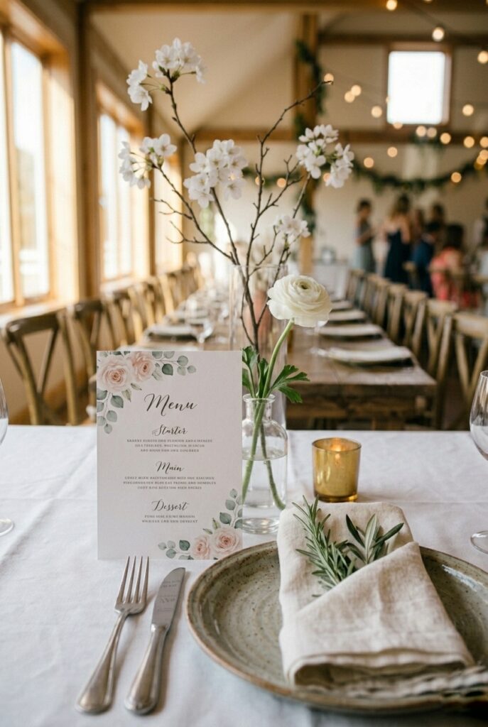 IMAGE 6 HERE Alt text: Watercolor-illustrated wedding dinner menu card propped against a bud vase on a reception table Image prompt: Photorealistic portrait shot of a wedding reception place setting. A 5x7 matte cardstock dinner menu with a soft watercolor floral illustration in blush and sage is propped upright against a small clear bud vase containing a single white ranunculus stem. A folded ivory linen napkin with a sprig of fresh rosemary tucked inside sits next to the menu card. The table surface is white with a visible linen texture. Soft natural window light. No text overlays. Generate in vertical portrait orientation, 2:3 aspect ratio, optimized for mobile display.