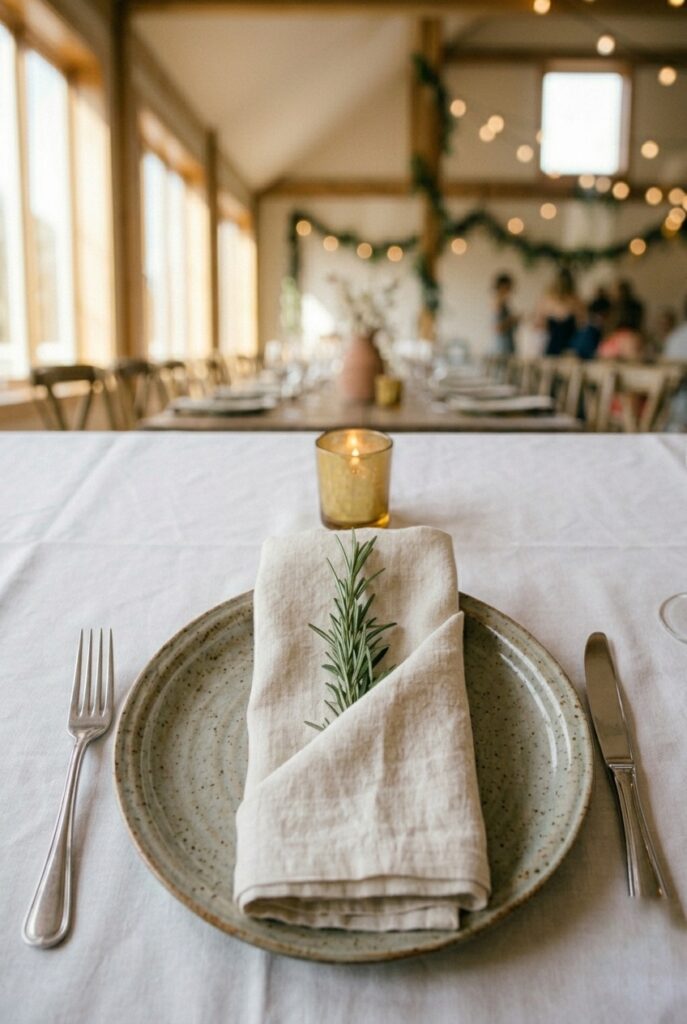 IMAGE 7 HERE Alt text: Fresh rosemary sprig tucked into a folded ivory linen wedding napkin at a place setting Image prompt: Photorealistic close-up portrait shot of an elegant wedding table place setting. An ivory linen napkin is folded in a neat rectangular fold, with a fresh sprig of rosemary approximately 4 inches long tucked horizontally through the fold. A silver fork and knife are placed to the left and right of a white dinner plate. A small gold votive with a lit candle is visible at the top edge of the frame. Soft natural window light from the upper left. No text overlays. Generate in vertical portrait orientation, 2:3 aspect ratio, optimized for mobile display.