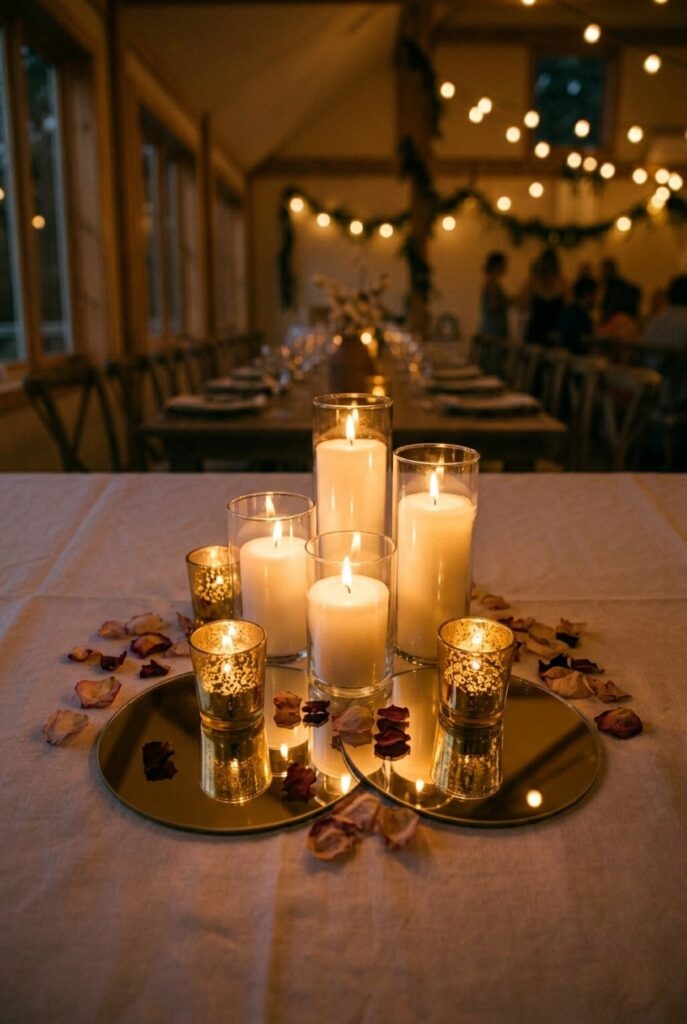 IMAGE 8 HERE Alt text: Small round mirror tiles under wedding candle cluster reflecting candlelight on a reception table Image prompt: Photorealistic portrait shot of a wedding reception table at nighttime. Two small round mirror tiles (approximately 6 inches each) are placed flat on a dark linen tablecloth. Resting on and around the mirrors are three lit pillar candles of varying heights in clear glass holders, two gold tea light votives, and scattered dried rose petals. The mirrors reflect the candle flames, creating a doubled golden glow. Warm romantic candlelit atmosphere with deep amber shadows. No text overlays. Generate in vertical portrait orientation, 2:3 aspect ratio, optimized for mobile display.