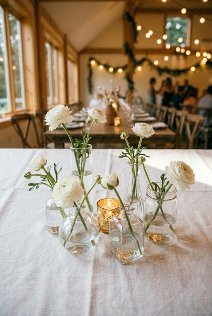 IMAGE 9 HERE Alt text: Curated set of mismatched clear glass bud vases with single white ranunculus stems on a wedding table Image prompt: Photorealistic portrait shot of a wedding table centerpiece featuring five clear glass bud vases in different silhouettes — one tall cylindrical, one short round globe, one angular square, one narrow fluted, one wide-mouth jar — each containing one or two stems of white ranunculus at slightly different bloom stages. The vases are grouped in a loose cluster, not evenly spaced. A small gold votive is tucked between two of the vases. White linen tablecloth surface. Soft natural window light. No text overlays. Generate in vertical portrait orientation, 2:3 aspect ratio, optimized for mobile display.