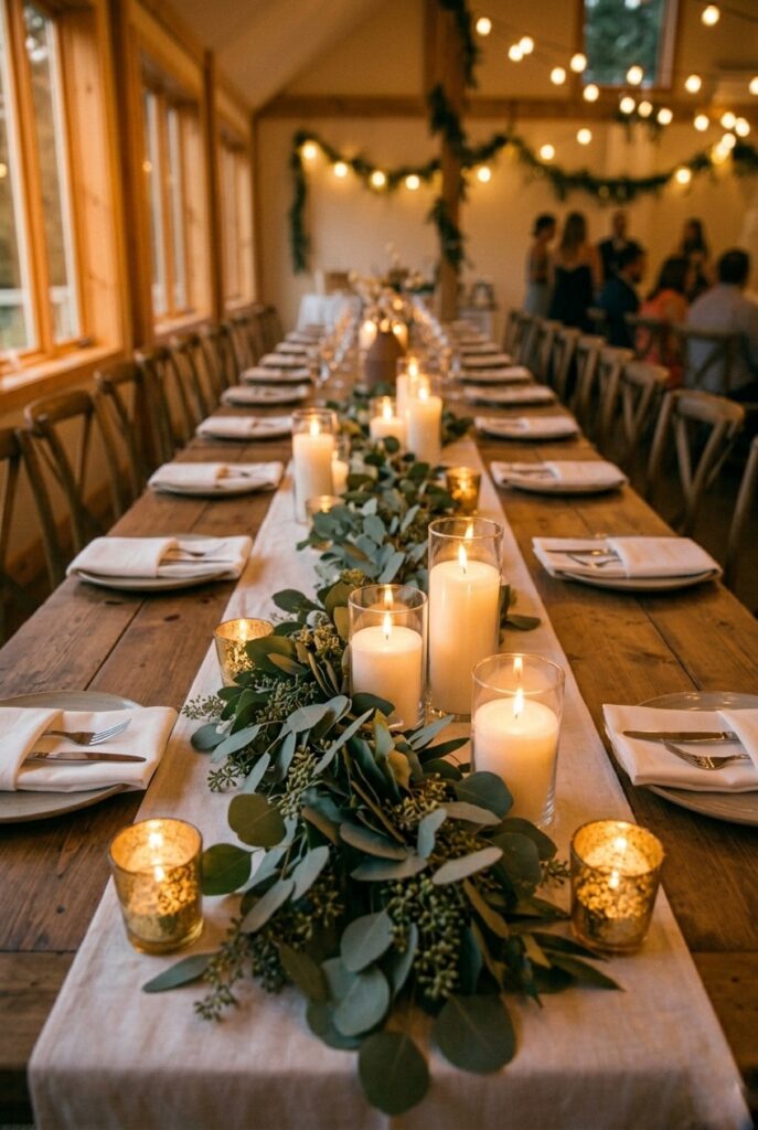 IMAGE 10 HERE Alt text: Lush eucalyptus garland centerpiece on a long wedding reception farm table with pillar candles Image prompt: Photorealistic portrait shot of a long wooden farm table at a wedding reception. A generous eucalyptus garland runs down the full center of the table, thick with varied eucalyptus varieties — silver dollar, seeded, and baby blue. Three white pillar candles in clear glass hurricane holders are nestled within the garland at intervals. White linen napkins at the place settings are visible at the edges of the frame. Warm romantic candlelit atmosphere with soft amber tones. No text overlays. Generate in vertical portrait orientation, 2:3 aspect ratio, optimized for mobile display.