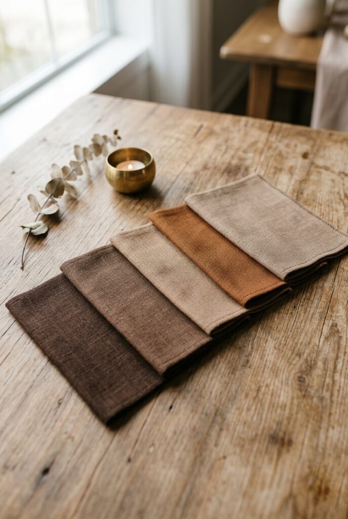 IMAGE 1 HERE Alt text: Brown shade comparison swatches for wedding table decor from chocolate to café au lait to tan laid on a wooden surface Image prompt: Photorealistic portrait shot of five fabric swatches in different shades of brown arranged in a slightly overlapping row on a warm wooden surface. From left to right: deep chocolate brown, rich mocha, warm café au lait, cognac, and soft tan/taupe. Each swatch is a textured woven linen fabric. A single dried eucalyptus sprig and one small brass votive rest beside the swatches. Soft natural window light from the upper left. No text overlays. Generate in vertical portrait orientation, 2:3 aspect ratio, optimized for mobile display.