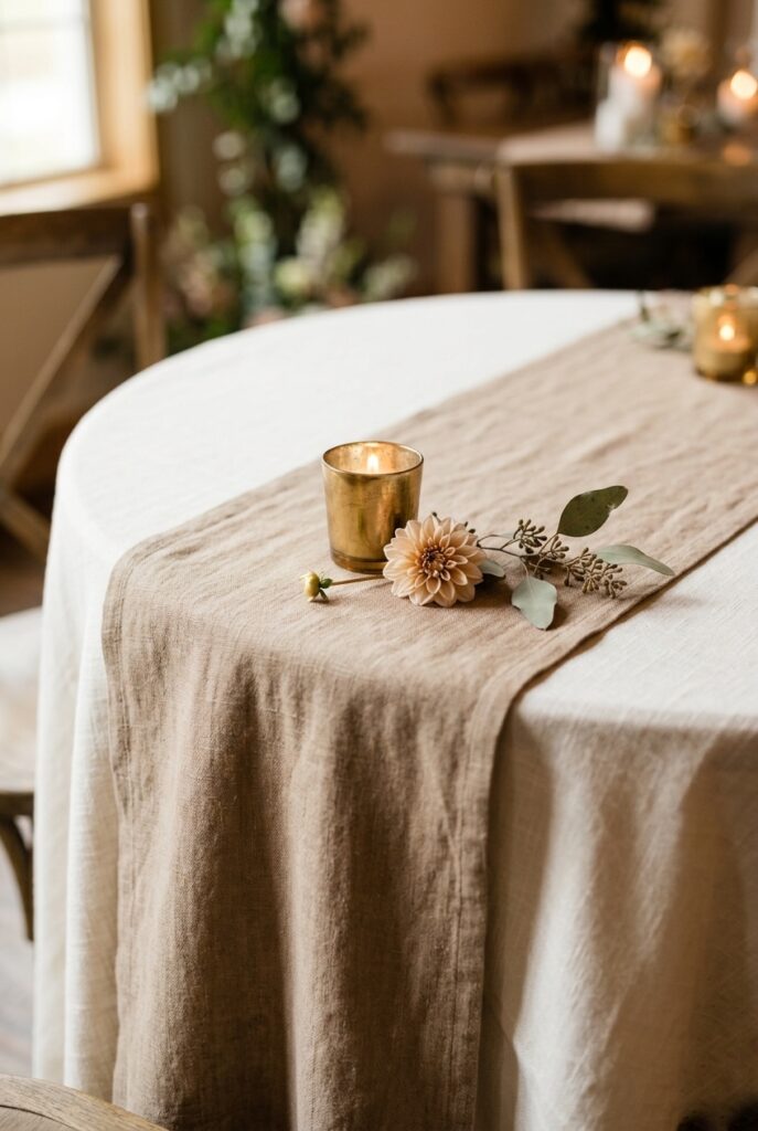 IMAGE 2 HERE Alt text: Ivory tablecloth with warm café au lait linen runner on a wedding reception table with brass votive and dahlia stem Image prompt: Photorealistic portrait shot of a wedding table textile detail. An ivory tablecloth covers a round table. A wide café au lait washed-linen runner with slight natural texture runs across the center. On the runner rests one brass votive candle holder with a lit tea light, one small loose stem of a café au lait dahlia, and one dried sprig of seeded eucalyptus. The ivory tablecloth edge hangs into the lower frame. Soft natural window light from the left creating gentle texture shadows. No text overlays. Generate in vertical portrait orientation, 2:3 aspect ratio, optimized for mobile display.