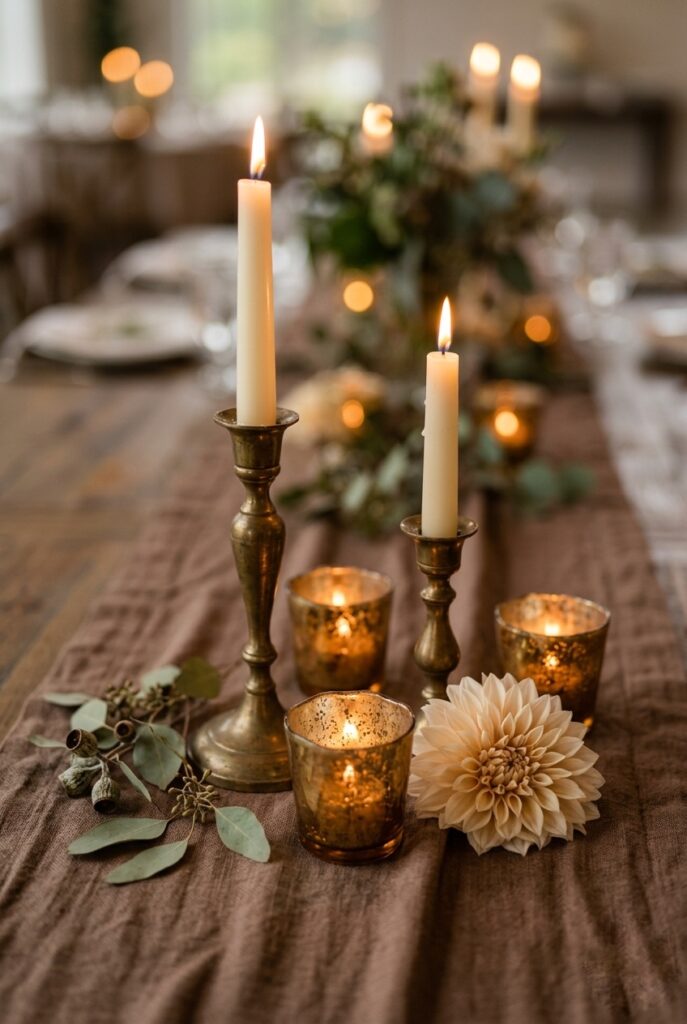 IMAGE 3 HERE Alt text: Aged brass taper candlesticks and small brass votives on a mocha brown linen runner at a wedding table Image prompt: Photorealistic portrait shot of a wedding table metal detail. Two antique aged brass taper candlestick holders of different heights hold lit ivory taper candles. Between them, three small brass votive holders contain lit tea lights. The pieces are arranged in a loose asymmetric cluster on a mocha-brown linen runner. A few loose dried eucalyptus stems and a single café au lait dahlia bloom rest beside the grouping. Warm romantic candlelit atmosphere with deep amber glow. No text overlays. Generate in vertical portrait orientation, 2:3 aspect ratio, optimized for mobile display.