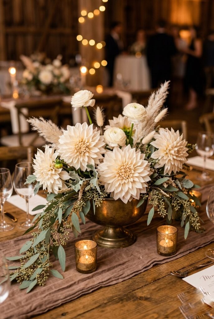 IMAGE 4 HERE Alt text: Café au lait dahlia wedding centerpiece in a wide brass urn with dried pampas and eucalyptus on a mocha runner Image prompt: Photorealistic portrait shot of a brown wedding table centerpiece. A wide low brass urn holds a generous arrangement of café au lait dahlias in full bloom, two soft ivory ranunculus stems, a small cluster of dried pampas grass plumes, and trailing seeded eucalyptus branches. The urn sits on a mocha washed-linen runner. Two small brass votives with lit tea lights flank the urn on either side. The background is a softly blurred reception hall. Warm romantic candlelit atmosphere with amber tones. No text overlays. Generate in vertical portrait orientation, 2:3 aspect ratio, optimized for mobile display.