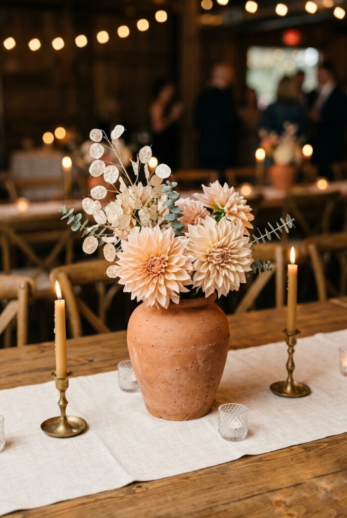 IMAGE 5 HERE Alt text: Raw terracotta pot holding a café au lait dahlia arrangement as a wedding table centerpiece on a linen runner Image prompt: Photorealistic portrait shot of a wedding table centerpiece in a raw unglazed terracotta urn with slightly rough fired surface texture. Inside the urn is a loose arrangement of café au lait dahlias, ivory dried lunaria stems, and short eucalyptus sprigs. The urn sits centered on a wide ivory linen runner. Two small brass taper candlestick holders with lit candles stand on either side of the urn. Warm romantic candlelit atmosphere with soft ambient light emphasizing the terracotta texture. No text overlays. Generate in vertical portrait orientation, 2:3 aspect ratio, optimized for mobile display.