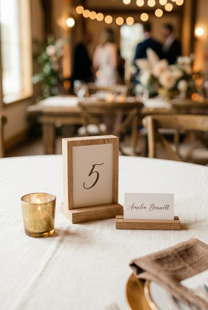 IMAGE 6 HERE Alt text: Wooden table number holder and small wooden place card holder on an ivory linen wedding table with brass votive Image prompt: Photorealistic portrait shot of a wedding place setting detail on an ivory linen tablecloth. A small raw wooden table number holder (showing the number five) stands upright. Beside it, a flat wooden laser-engraved place card holder with a white cardstock name card reads a guest name. A small brass votive holder with a lit tea light sits nearby. A folded mocha-brown linen napkin is visible at the edge of the frame. Soft natural window light from the side. No text overlays. Generate in vertical portrait orientation, 2:3 aspect ratio, optimized for mobile display.