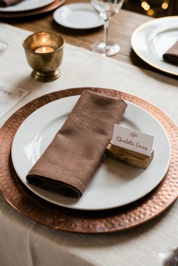 IMAGE 7 HERE Alt text: Copper charger plate with white dinner plate and mocha brown linen napkin at a brown wedding place setting Image prompt: Photorealistic portrait shot of a brown wedding table place setting. A round copper charger plate with a slightly hammered metallic finish sits on an ivory tablecloth. On top of the charger is a white porcelain dinner plate. A mocha-brown linen napkin folded in a neat column rests on the dinner plate. A small wooden place card holder with a white cardstock name card is positioned to the right. A small antique brass votive candle holder with a lit candle is visible at the upper edge of the frame. Soft natural window light. No text overlays. Generate in vertical portrait orientation, 2:3 aspect ratio, optimized for mobile display.