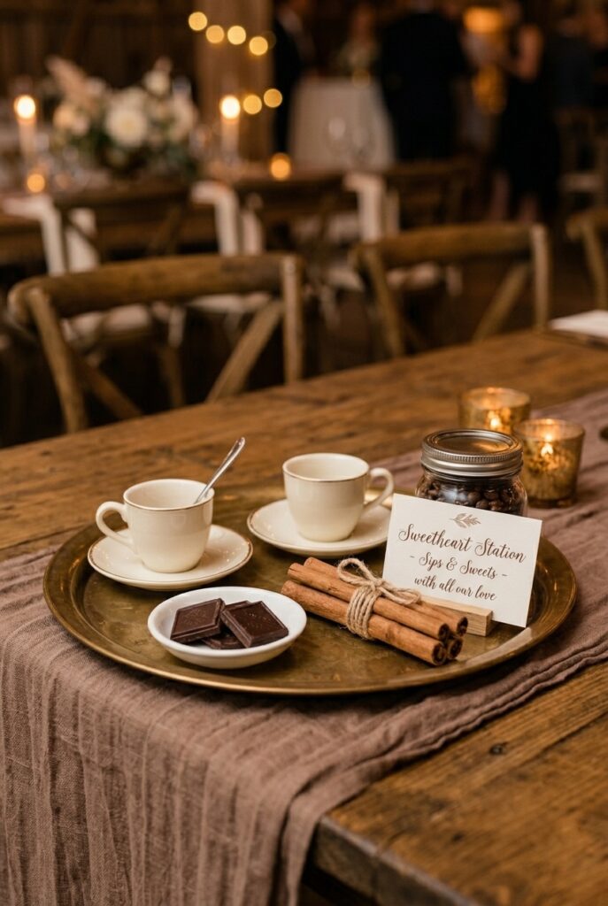 IMAGE 8 HERE Alt text: Small espresso and dark chocolate station on a brass tray at a brown wedding sweetheart table with cinnamon sticks and ivory espresso cups Image prompt: Photorealistic portrait shot of a styled brown wedding table detail. A warm polished brass serving tray holds two small ivory porcelain espresso cups with saucers, a small white ceramic dish with three dark chocolate squares, a neat bundle of three cinnamon sticks tied with natural twine, and a small glass jar of coffee beans. A handwritten note card in dark ink is propped against the jar. The tray sits on a mocha linen runner. Soft warm candlelit atmosphere with amber tones. No text overlays. Generate in vertical portrait orientation, 2:3 aspect ratio, optimized for mobile display.
