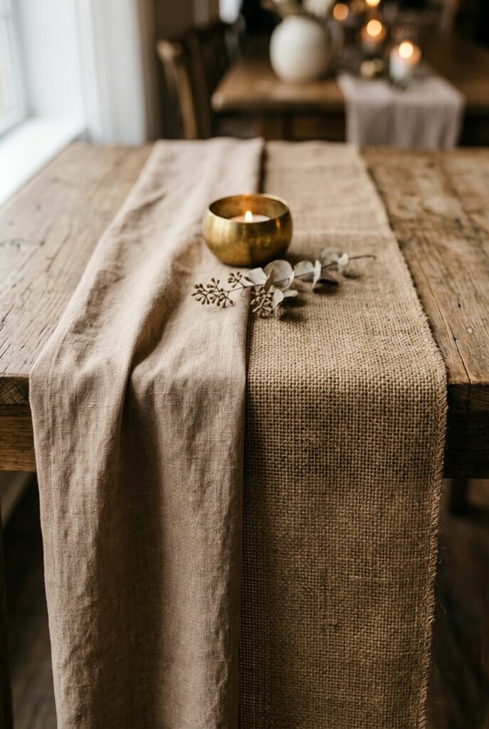 IMAGE 10 HERE Alt text: Side-by-side comparison of raw washed linen runner versus burlap runner on a wedding table showing texture quality difference Image prompt: Photorealistic portrait shot of two wedding table runner samples side by side on a wooden surface. On the left: a warm café au lait washed linen runner with a soft natural weave, gentle drape, and matte texture. On the right: a coarse burlap runner with a rough open weave and stiff texture. A single brass votive candle holder with a lit tea light sits centered above both to illustrate how each fabric reads in candlelight. Soft warm side lighting emphasizing fabric texture differences. No text overlays. Generate in vertical portrait orientation, 2:3 aspect ratio, optimized for mobile display.